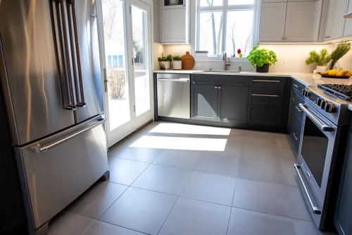 Sol de cuisine moderne alliant résistance et design, idéal pour un espace fonctionnel et esthétique.