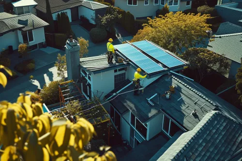 Installation de panneaux solaires sur le toit d’une maison pour optimiser l’énergie solaire à domicile.